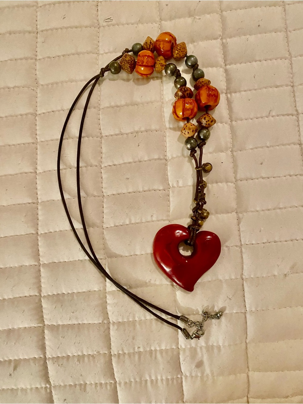Red Heart Pendant Necklace with Beaded Accents